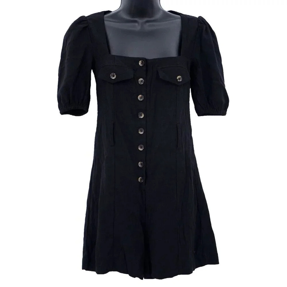 & Other Stories Romper Women 0 Black Button Up Short Puff Sleeves Pockets